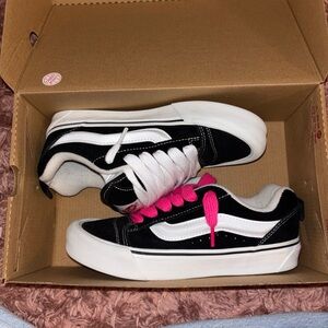 Vans Women's Black and White Sneakers with Pink Accents